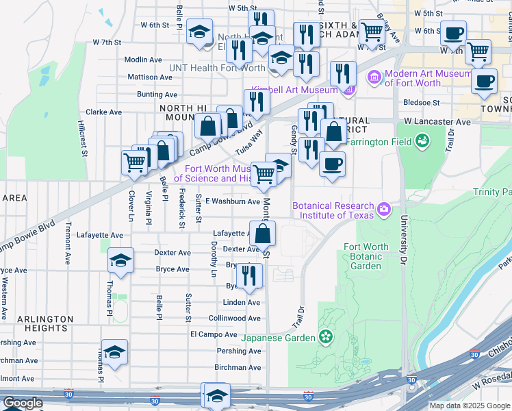 map of restaurants, bars, coffee shops, grocery stores, and more near 3612 East Washburn Avenue in Fort Worth