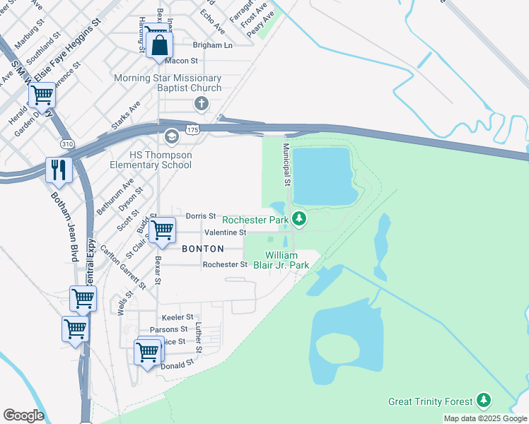 map of restaurants, bars, coffee shops, grocery stores, and more near 3029 Dorris Street in Dallas