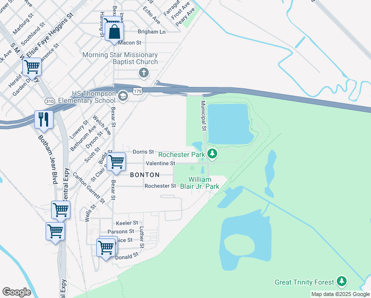 map of restaurants, bars, coffee shops, grocery stores, and more near 3023 Dorris Street in Dallas