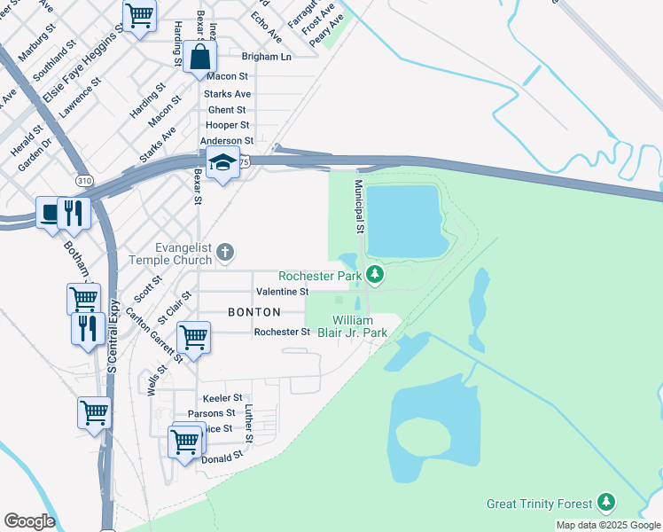 map of restaurants, bars, coffee shops, grocery stores, and more near 3029 Dorris Street in Dallas