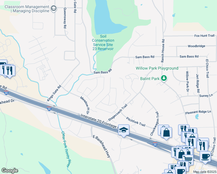 map of restaurants, bars, coffee shops, grocery stores, and more near 169 Overland Trail in Willow Park