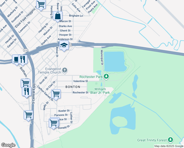 map of restaurants, bars, coffee shops, grocery stores, and more near 3017 Dorris Street in Dallas