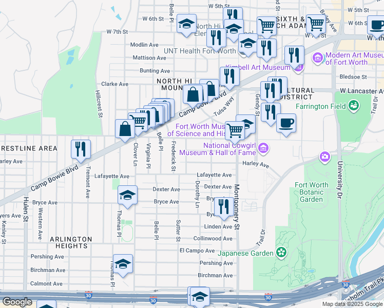 map of restaurants, bars, coffee shops, grocery stores, and more near 3812 Washburn Avenue in Fort Worth