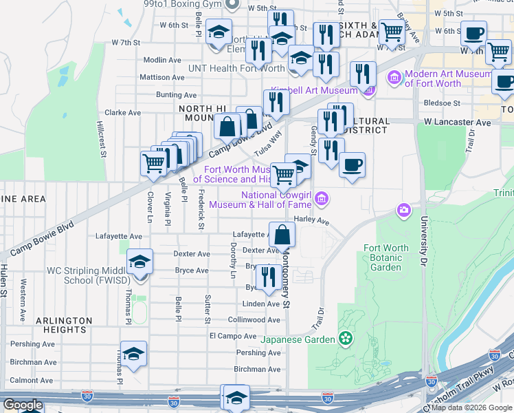map of restaurants, bars, coffee shops, grocery stores, and more near 3643 East Washburn Avenue in Fort Worth