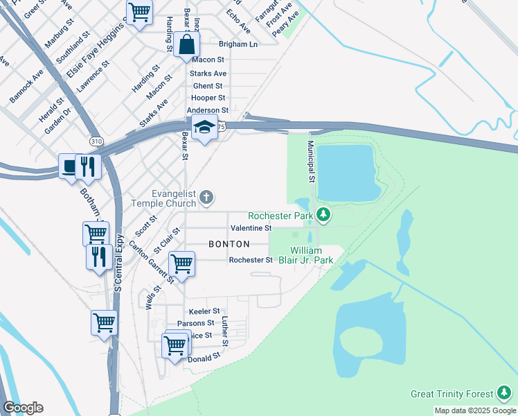 map of restaurants, bars, coffee shops, grocery stores, and more near 2919 Dorris Street in Dallas