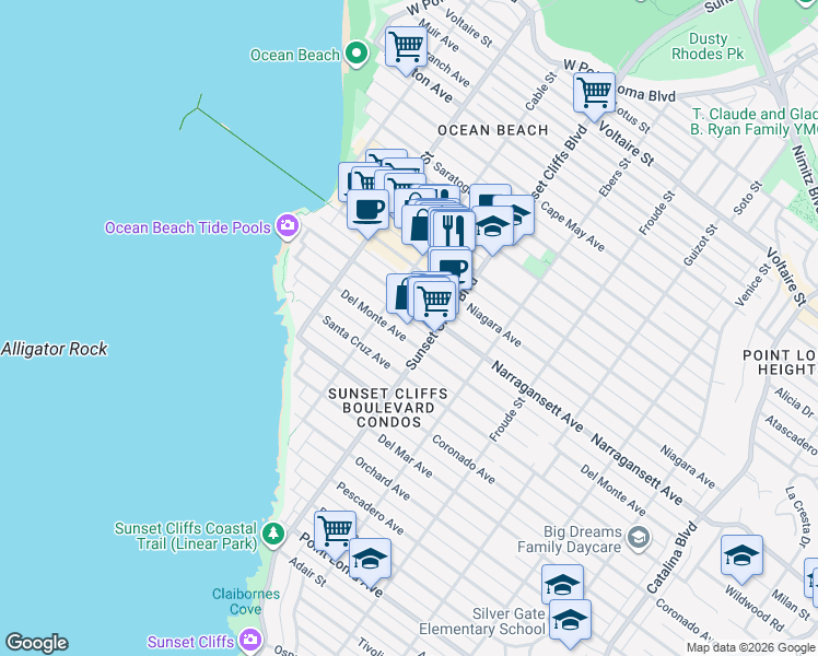 map of restaurants, bars, coffee shops, grocery stores, and more near 4840 Del Monte Avenue in San Diego