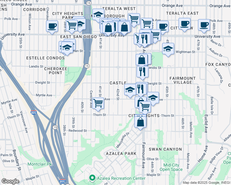 map of restaurants, bars, coffee shops, grocery stores, and more near 3570 42nd Street in San Diego