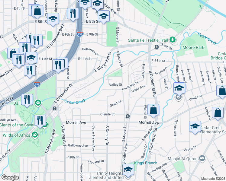 map of restaurants, bars, coffee shops, grocery stores, and more near 1338 Valley Street in Dallas