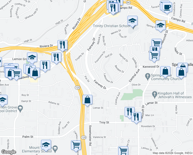 map of restaurants, bars, coffee shops, grocery stores, and more near 3350 Niblick Drive in La Mesa