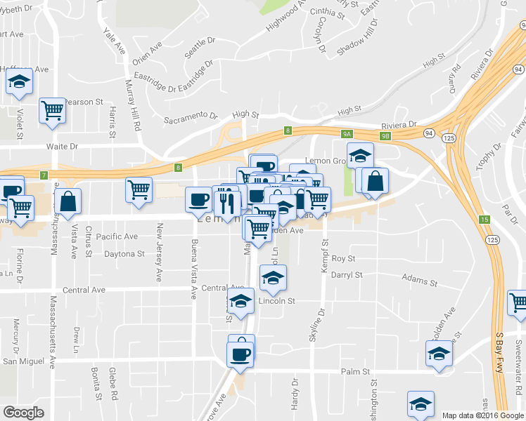 map of restaurants, bars, coffee shops, grocery stores, and more near 7816 Broadway in Lemon Grove
