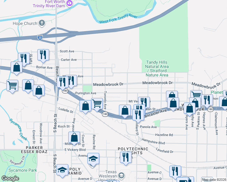 map of restaurants, bars, coffee shops, grocery stores, and more near 3104 Meadowbrook Drive in Fort Worth