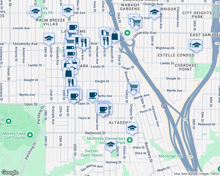 map of restaurants, bars, coffee shops, grocery stores, and more near 3583 32nd Street in San Diego