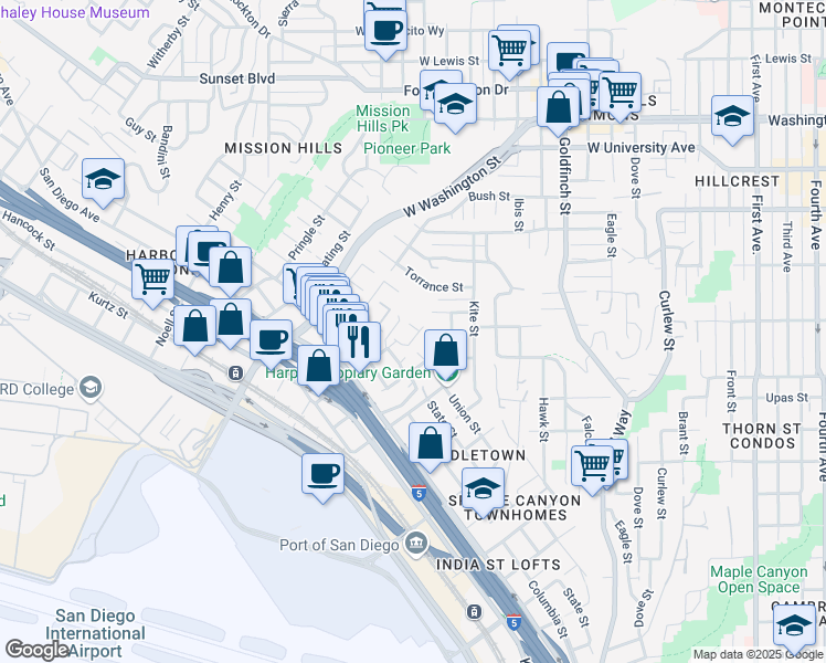 map of restaurants, bars, coffee shops, grocery stores, and more near 1553 Guy Street in San Diego