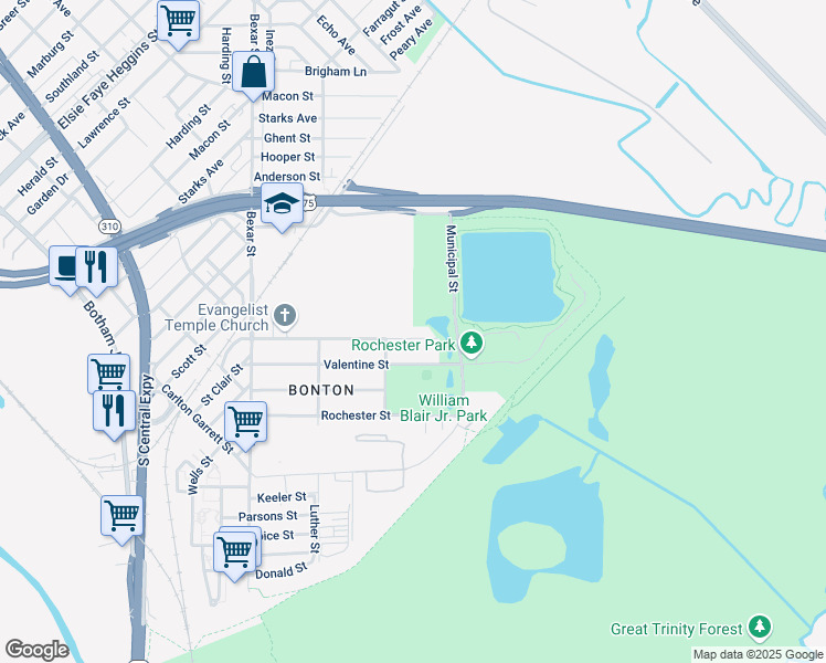 map of restaurants, bars, coffee shops, grocery stores, and more near 3023 Dorris Street in Dallas