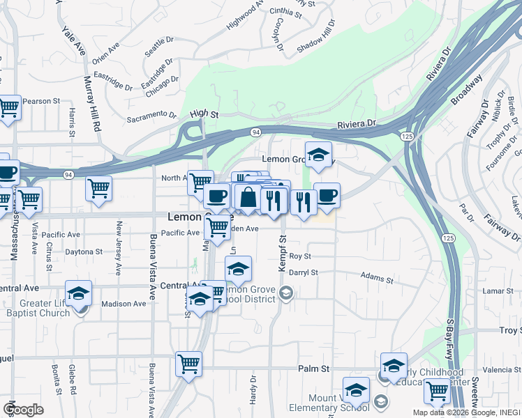 map of restaurants, bars, coffee shops, grocery stores, and more near 3465 Grove Street in Lemon Grove
