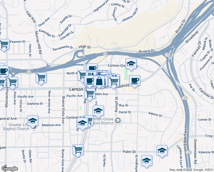 map of restaurants, bars, coffee shops, grocery stores, and more near in Lemon Grove