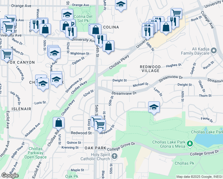 map of restaurants, bars, coffee shops, grocery stores, and more near 5474 Streamview Drive in San Diego