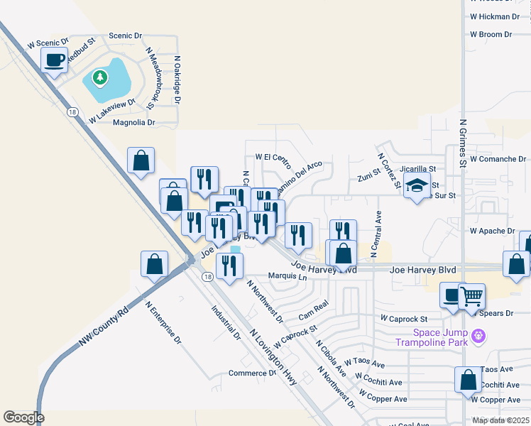 map of restaurants, bars, coffee shops, grocery stores, and more near 4120 North Calle Grande in Hobbs