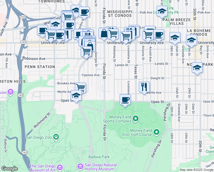 map of restaurants, bars, coffee shops, grocery stores, and more near 3606 Florida Street in San Diego