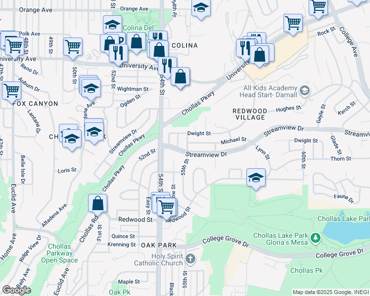 map of restaurants, bars, coffee shops, grocery stores, and more near 5474 Streamview Drive in San Diego
