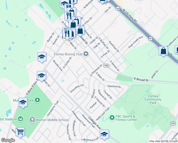 map of restaurants, bars, coffee shops, grocery stores, and more near 124 Stanford Drive in Forney