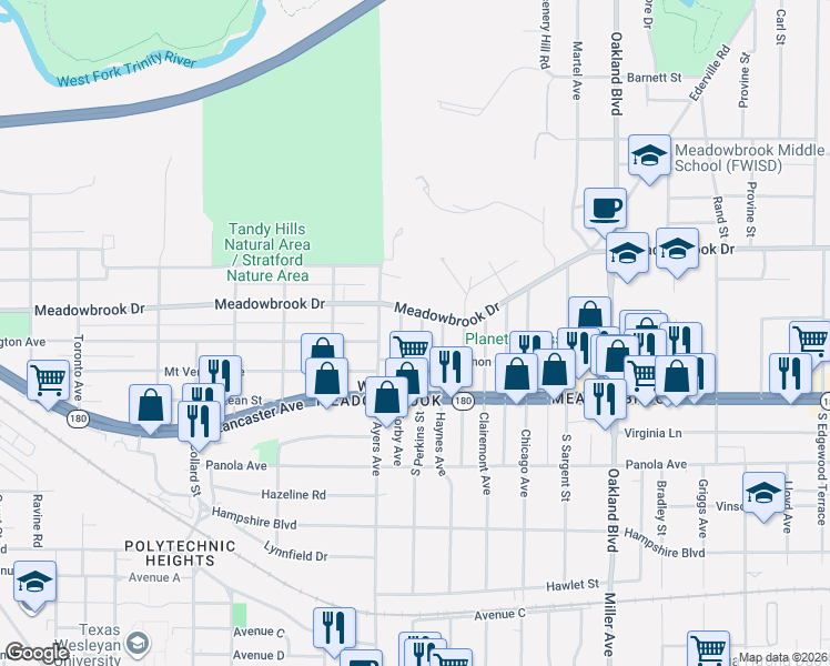 map of restaurants, bars, coffee shops, grocery stores, and more near 2512 Perkins Street in Fort Worth
