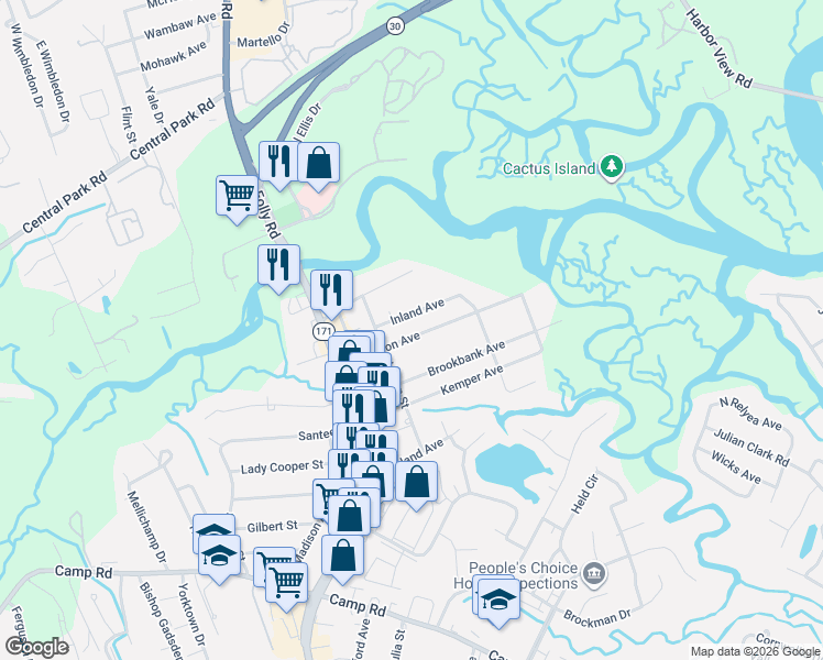 map of restaurants, bars, coffee shops, grocery stores, and more near 1535 Inland Avenue in Charleston