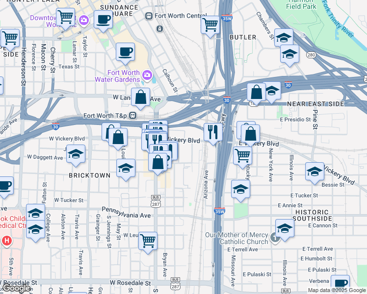 map of restaurants, bars, coffee shops, grocery stores, and more near 237 Industrial Avenue in Fort Worth