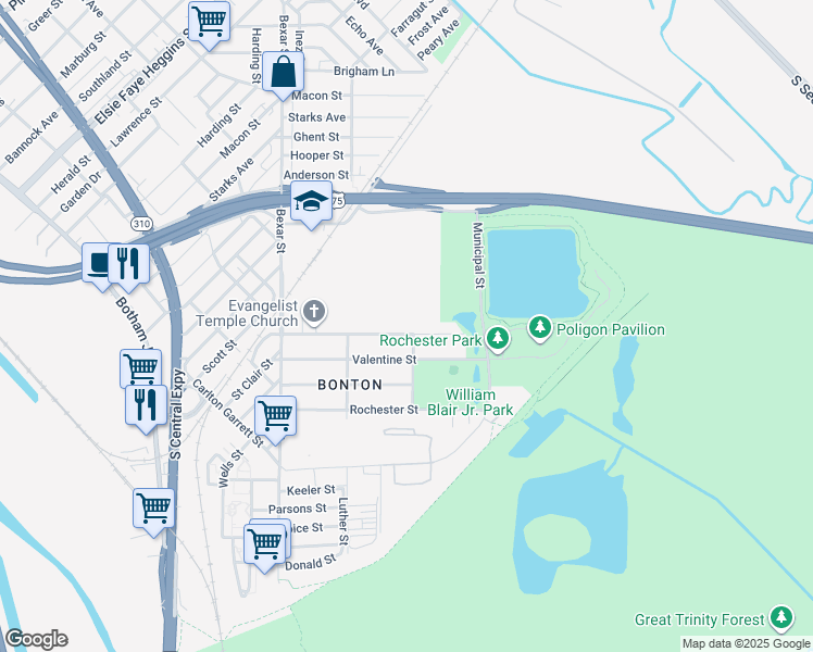 map of restaurants, bars, coffee shops, grocery stores, and more near 2931 Dorris Street in Dallas