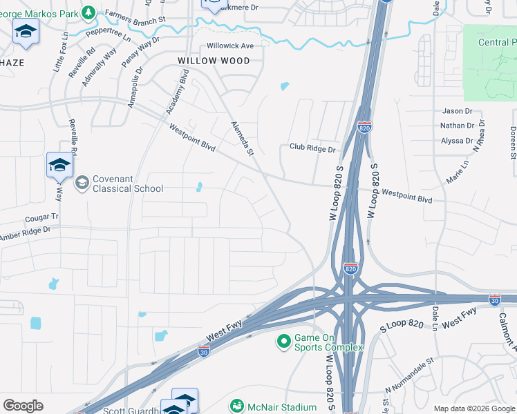 map of restaurants, bars, coffee shops, grocery stores, and more near 1100-1698 Alemeda Street in Fort Worth