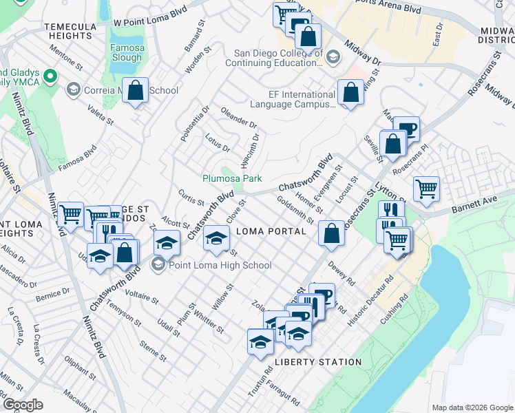map of restaurants, bars, coffee shops, grocery stores, and more near 3419 Freeman Street in San Diego