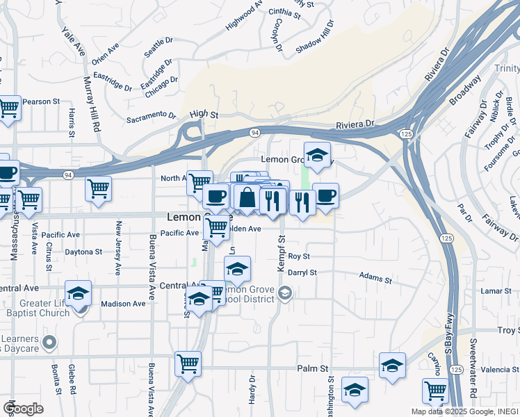 map of restaurants, bars, coffee shops, grocery stores, and more near 3465 Grove Street in Lemon Grove