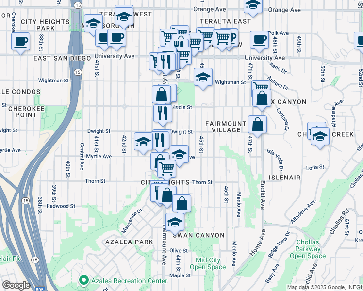 map of restaurants, bars, coffee shops, grocery stores, and more near 3576 Highland Avenue in San Diego
