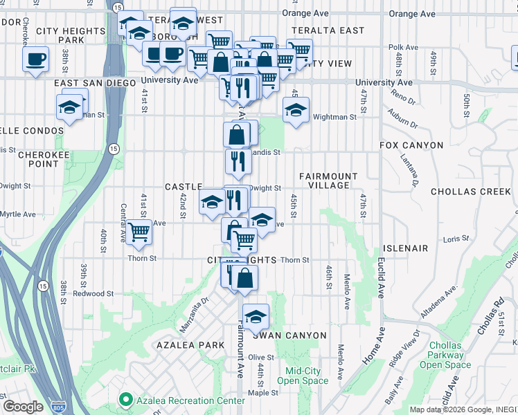 map of restaurants, bars, coffee shops, grocery stores, and more near 3571 Fairmount Avenue in San Diego