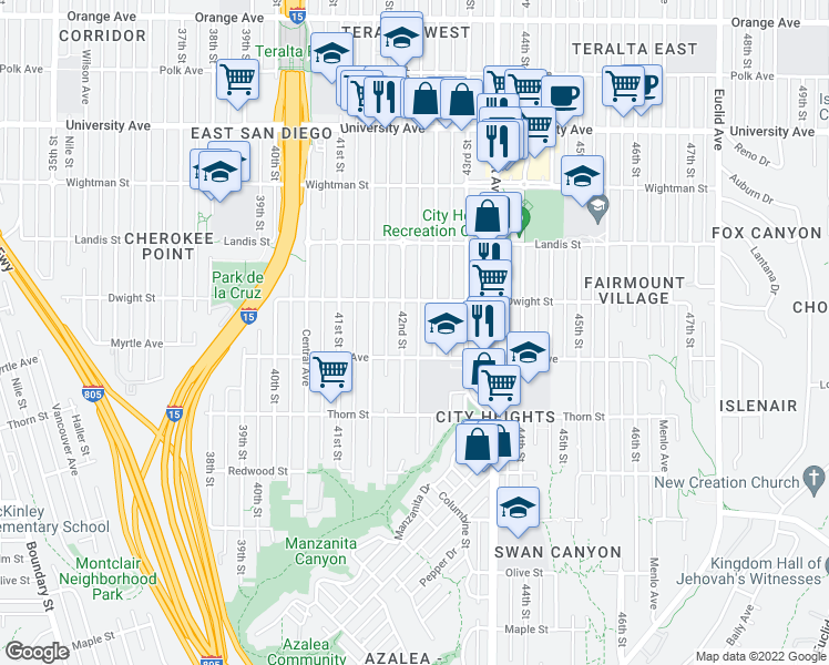 map of restaurants, bars, coffee shops, grocery stores, and more near 3570 Van Dyke Avenue in San Diego