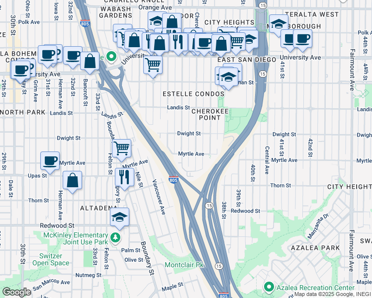 map of restaurants, bars, coffee shops, grocery stores, and more near 3541 36th Street in San Diego