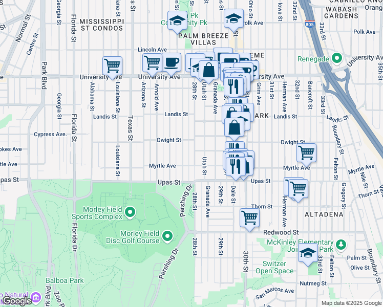 map of restaurants, bars, coffee shops, grocery stores, and more near 3563 28th Street in San Diego