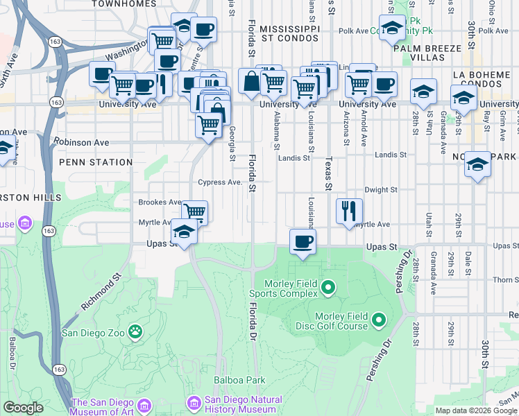 map of restaurants, bars, coffee shops, grocery stores, and more near 3606 Florida Street in San Diego