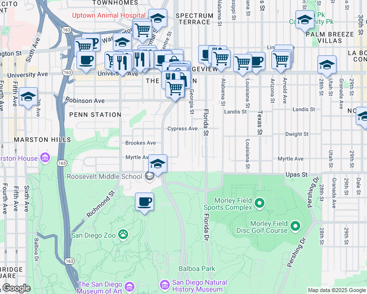 map of restaurants, bars, coffee shops, grocery stores, and more near 3604 Crestwood Place in San Diego