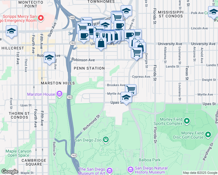 map of restaurants, bars, coffee shops, grocery stores, and more near 3605 Albert Street in San Diego
