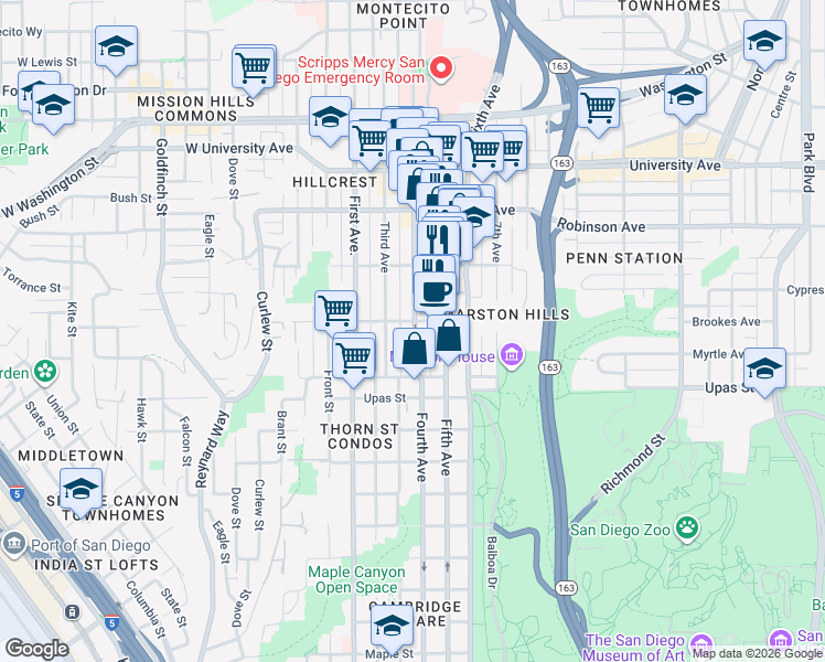 map of restaurants, bars, coffee shops, grocery stores, and more near in San Diego