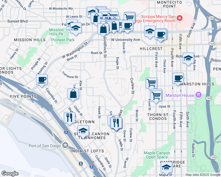 map of restaurants, bars, coffee shops, grocery stores, and more near 3613 Reynard Way in San Diego