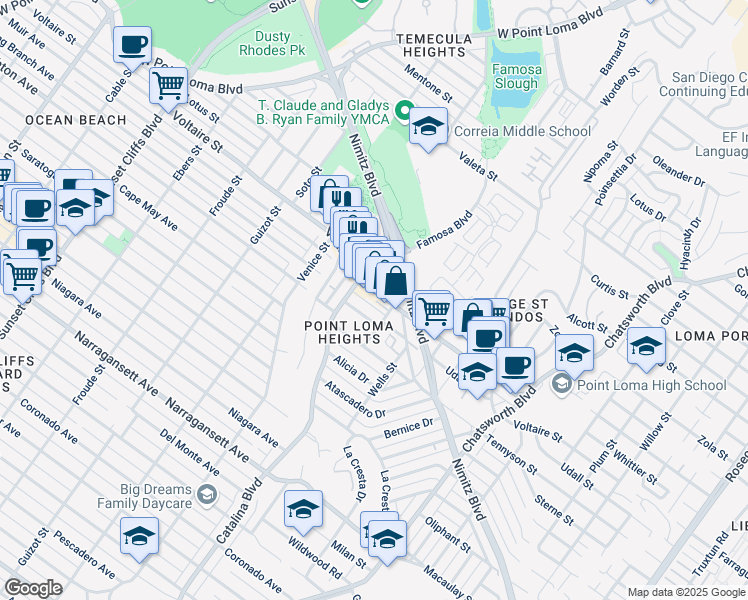 map of restaurants, bars, coffee shops, grocery stores, and more near 4148 Voltaire Street in San Diego
