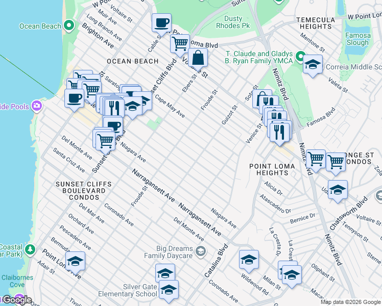 map of restaurants, bars, coffee shops, grocery stores, and more near 4530 Saratoga Avenue in San Diego