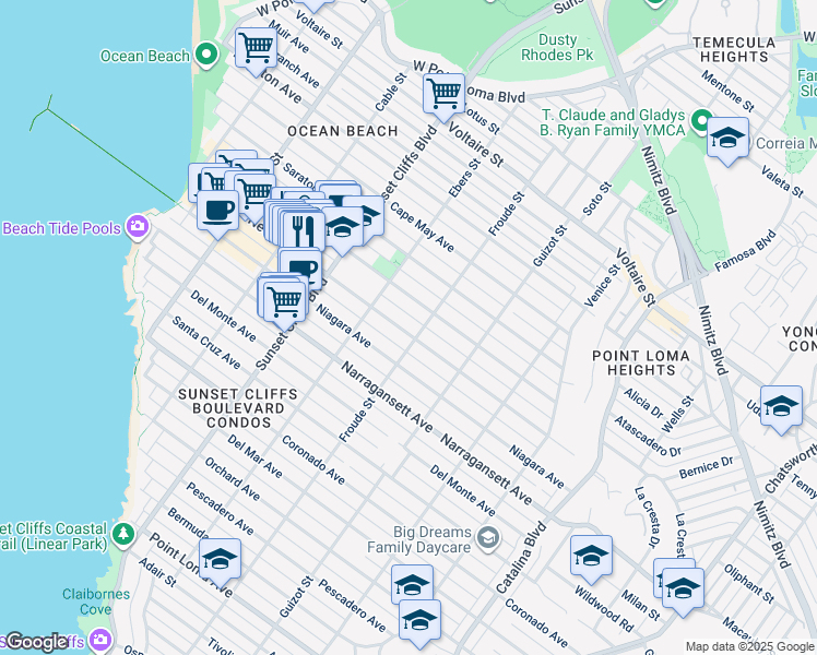 map of restaurants, bars, coffee shops, grocery stores, and more near 4636 Newport Avenue in San Diego