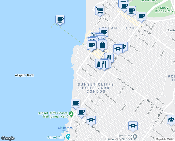 map of restaurants, bars, coffee shops, grocery stores, and more near 4921 Del Monte Avenue in San Diego