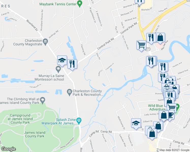 map of restaurants, bars, coffee shops, grocery stores, and more near 683 Riley Road in Charleston