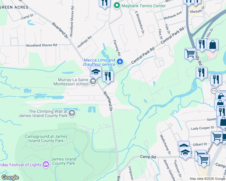 map of restaurants, bars, coffee shops, grocery stores, and more near 1971 Central Park Road in Charleston