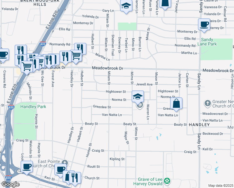 map of restaurants, bars, coffee shops, grocery stores, and more near 6909 Hightower Street in Fort Worth