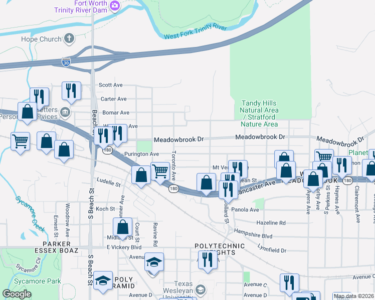 map of restaurants, bars, coffee shops, grocery stores, and more near 3104 Meadowbrook Drive in Fort Worth